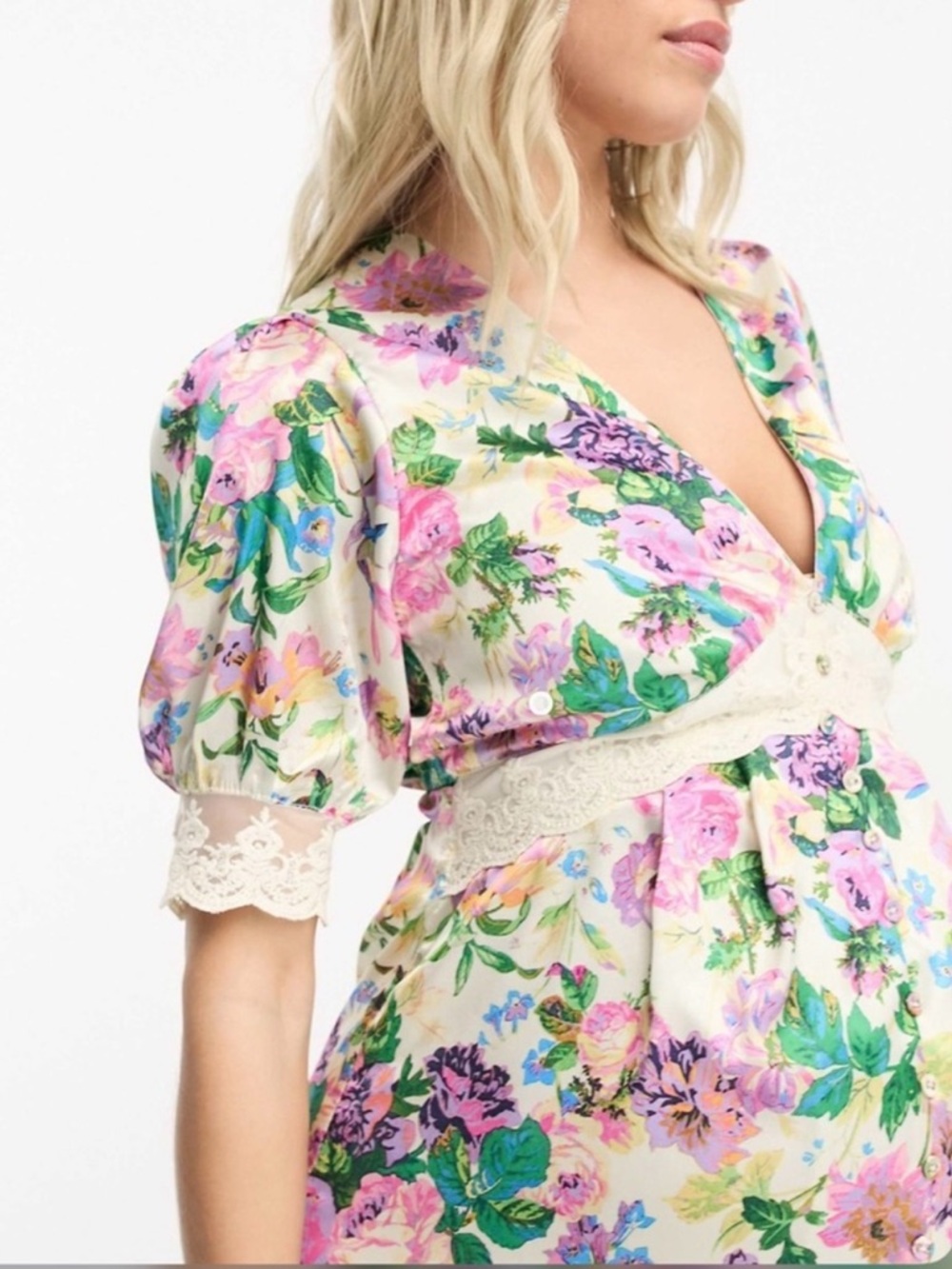 HOPE & IVY Maternity Floral Maxi Dress with Lace Waist - Wadding Guest Romantic - Picture 4 of 16